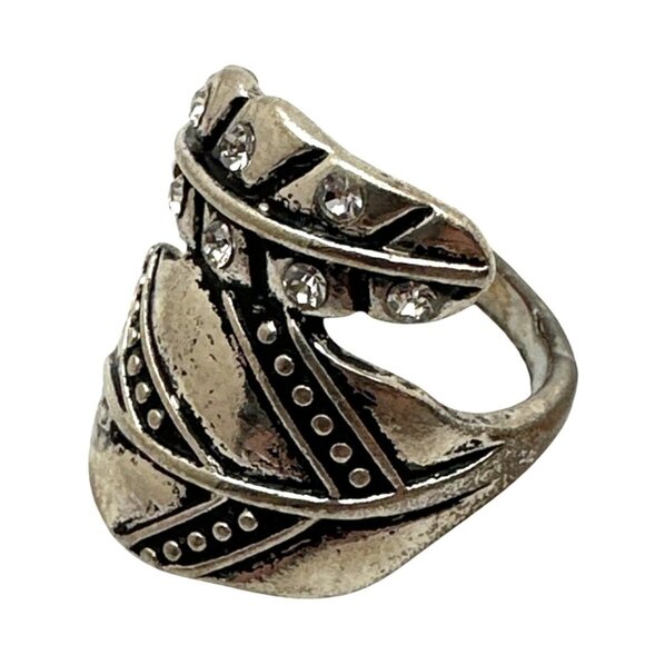 Boho Chic Leaf Motif Wrap Ring Distressed Silver Tone Rhinestones Whimsy Fairy - Picture 5 of 10